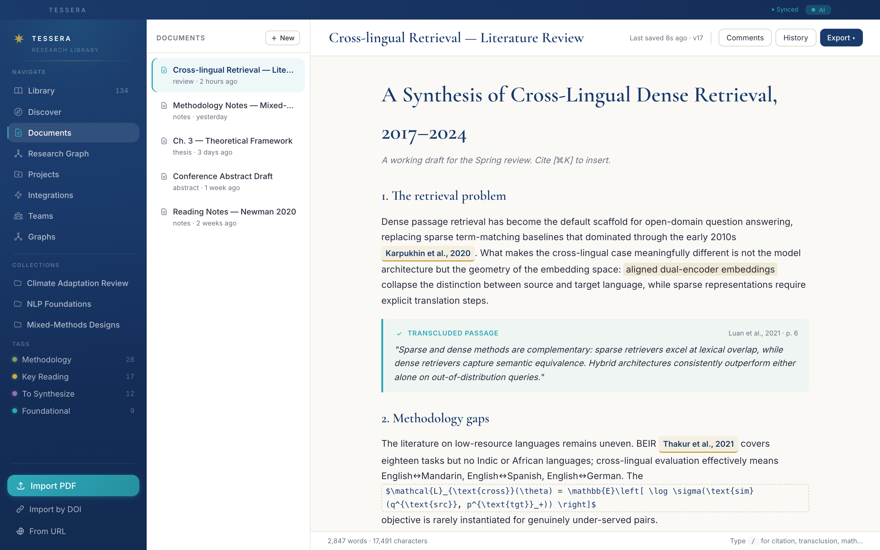 Tessera document editor with inline citations, transcluded passage, and KaTeX math